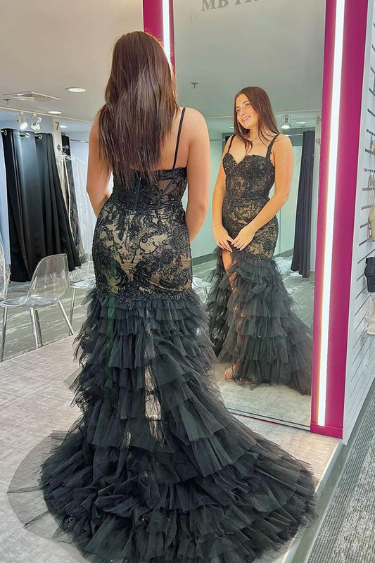 Black Tulle Mermaid Sweetheart Ruffle Long Prom Dress with Slit, PD25298