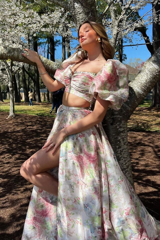 Two Piece Princess Floral Printed Long Prom Dresses with Slit, PD25194