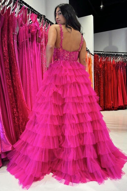 Fuchsia Ruffle Tiered A-Line V Neck Long Prom Dress with Slit, PD25324