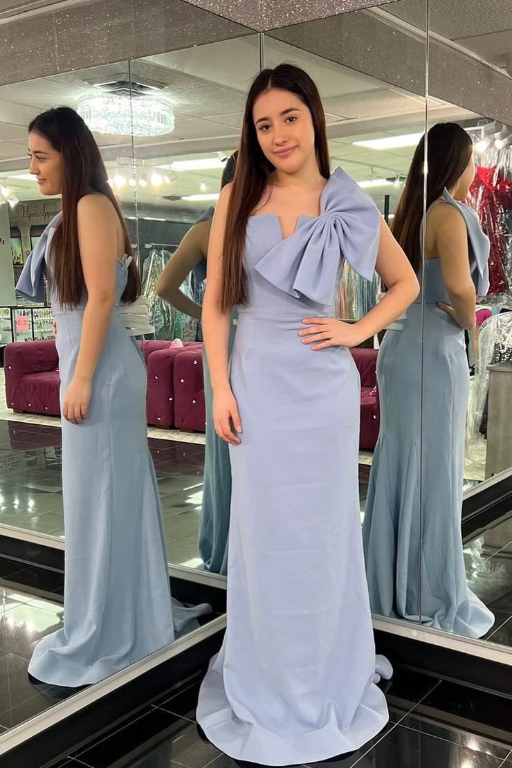 Satin Light Blue Mermaid Long Prom Dress with Bow, PD25154