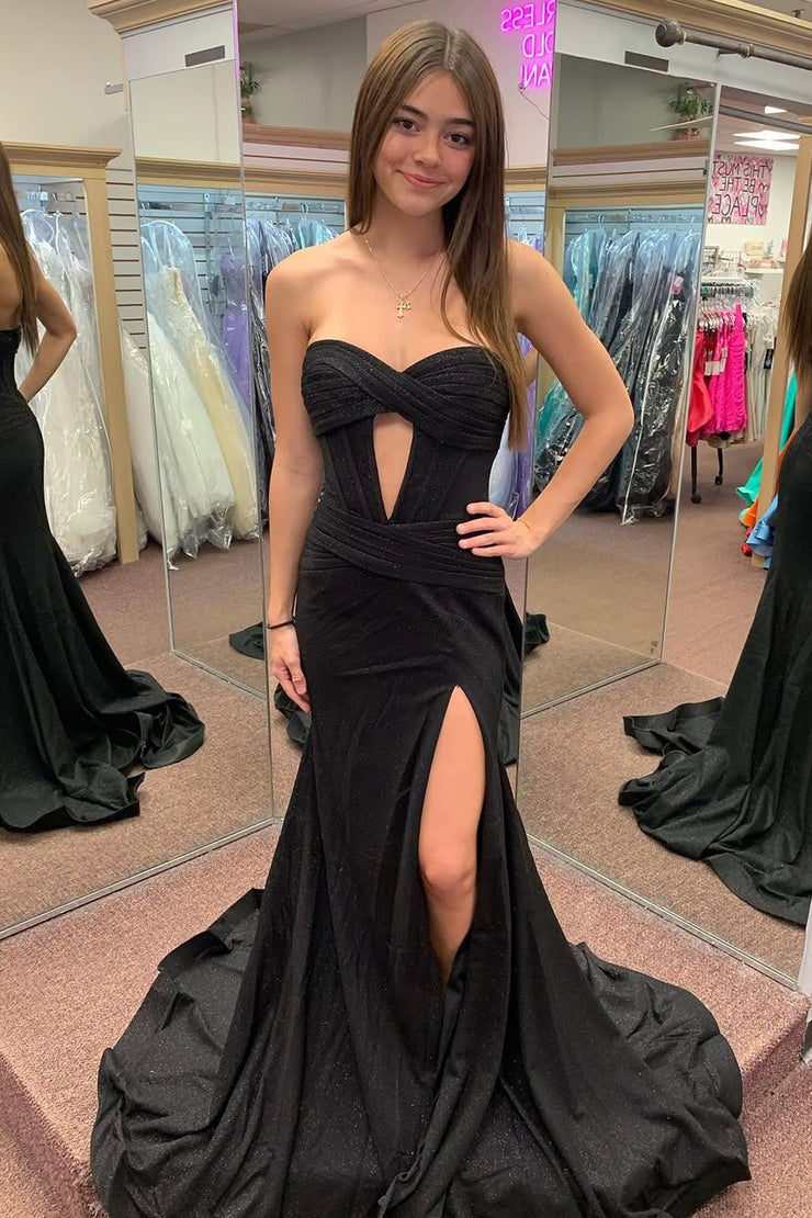 Black Satin Mermaid Sweetheart Charming Slit Long Prom Dresses, PD25338