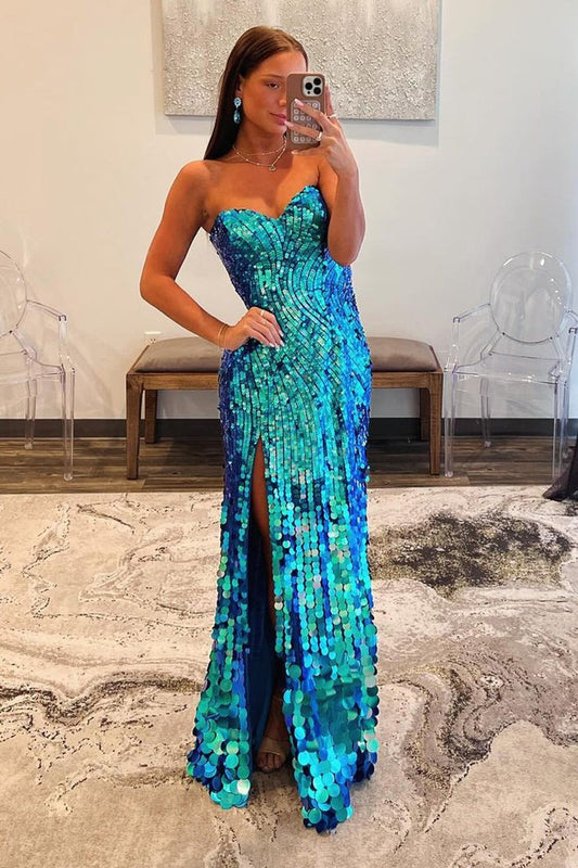 Strapless Mermaid Blue Sequins Long Prom Dress, PD25133