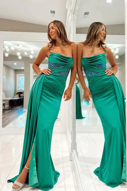 Green Satin Mermaid Strapless Long Prom Dress with Beading, PD25310