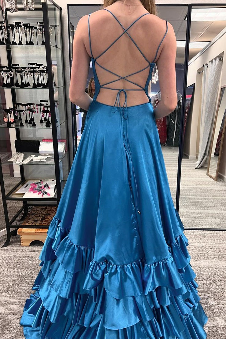 Peacock Blue Ruffle A-Line Scoop Neck Long Prom Dress, PD25282