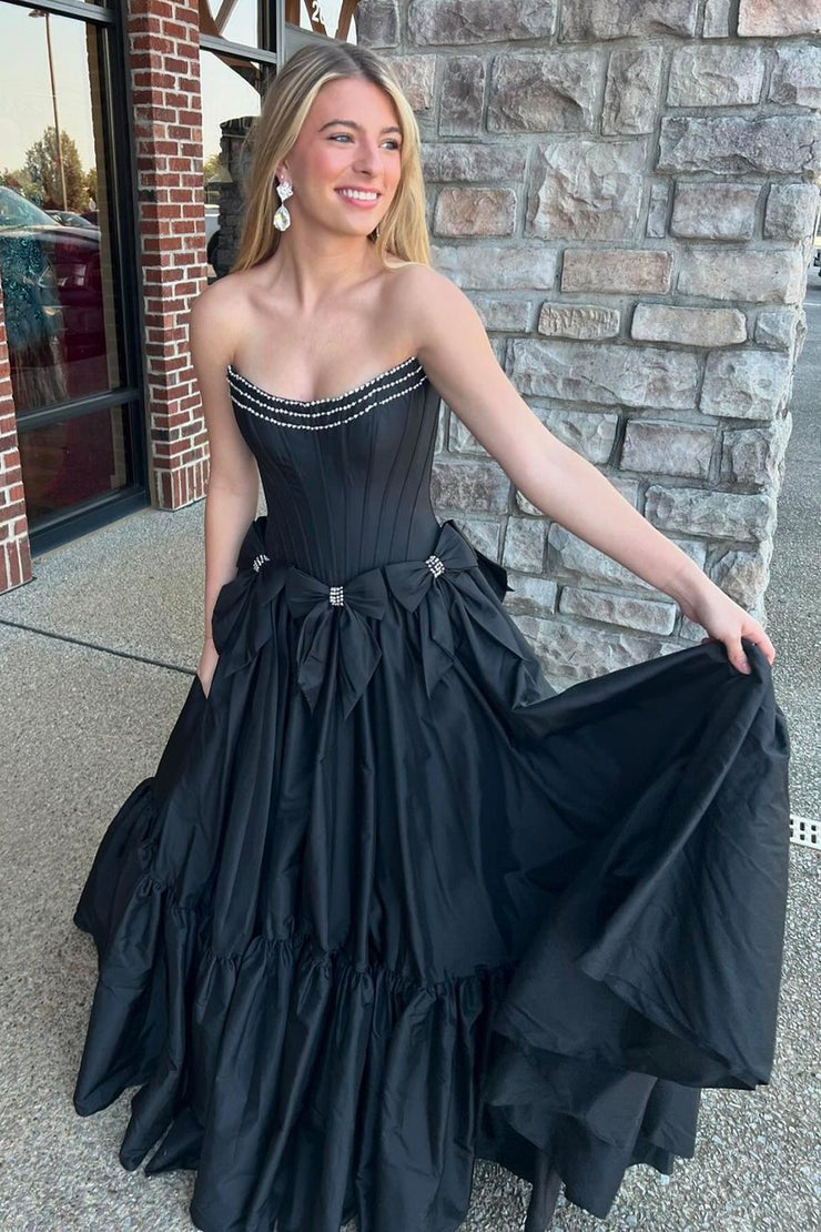 Scoop Neck Ball Gown Black Satin Long Prom Dresses with Beading, PD25038