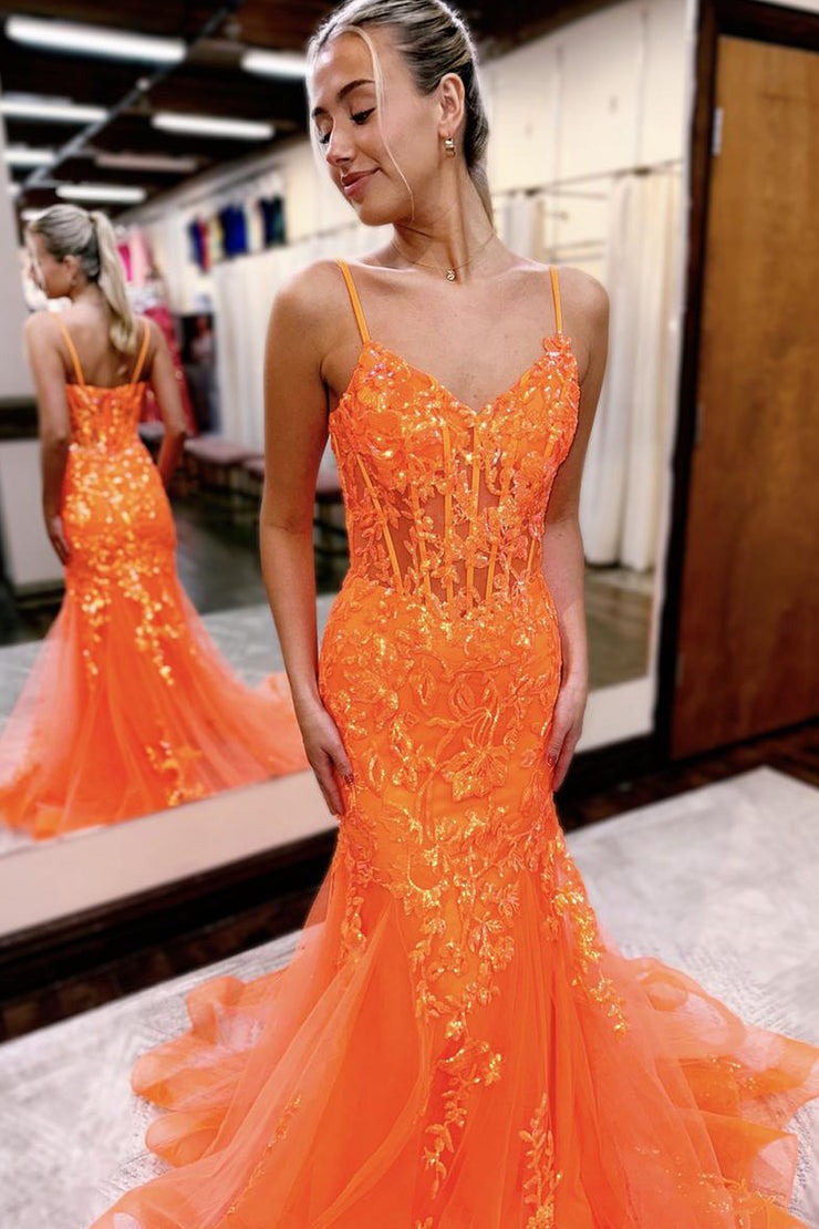 Orange Sequins Mermaid V Neck Long Prom Dresses, PD25242