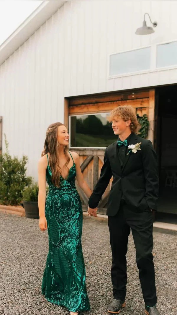 Green Sequins Cute Sparkly Mermaid V Neck Long Prom Dress, PD25332