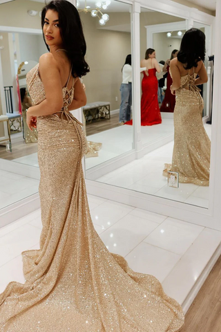 Gold Long Prom Dress with Cowl Neck and Sequins - Elegant Mermaid Evening Gown, PD2404073