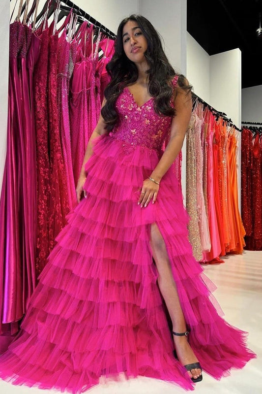Fuchsia Ruffle Tiered A-Line V Neck Long Prom Dress with Slit, PD25324