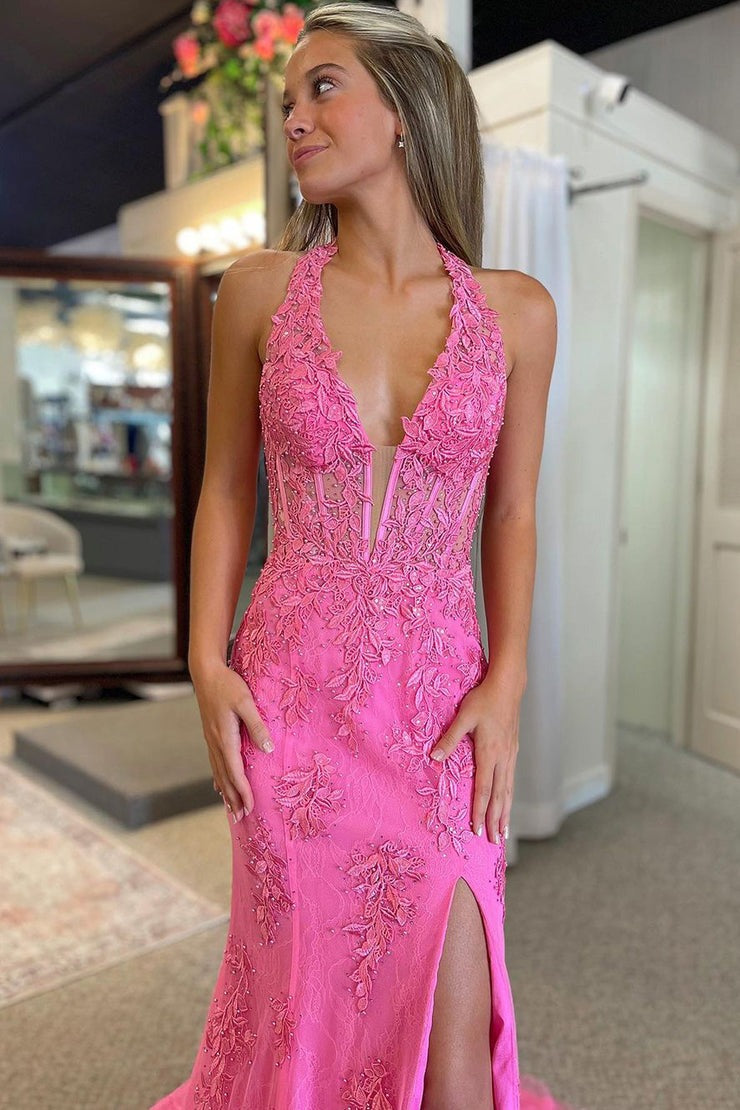 V Neck Mermaid Pink Lace Long Prom Dresses with Appliques, PD25010