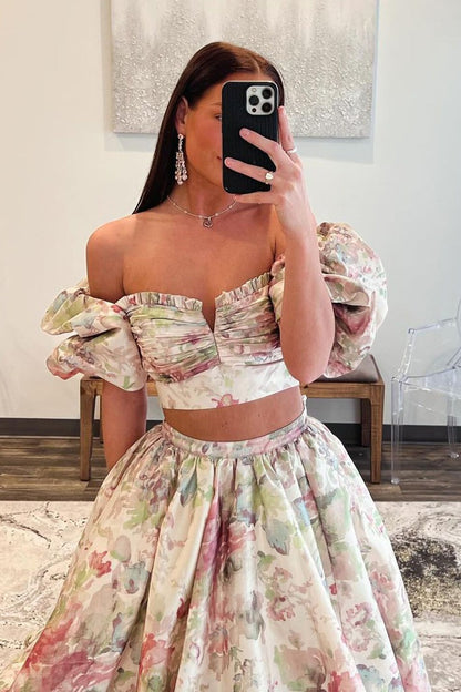 Off the Shoulder Two Piece Floral Printed Long Prom Dresses with Slit, PD25184