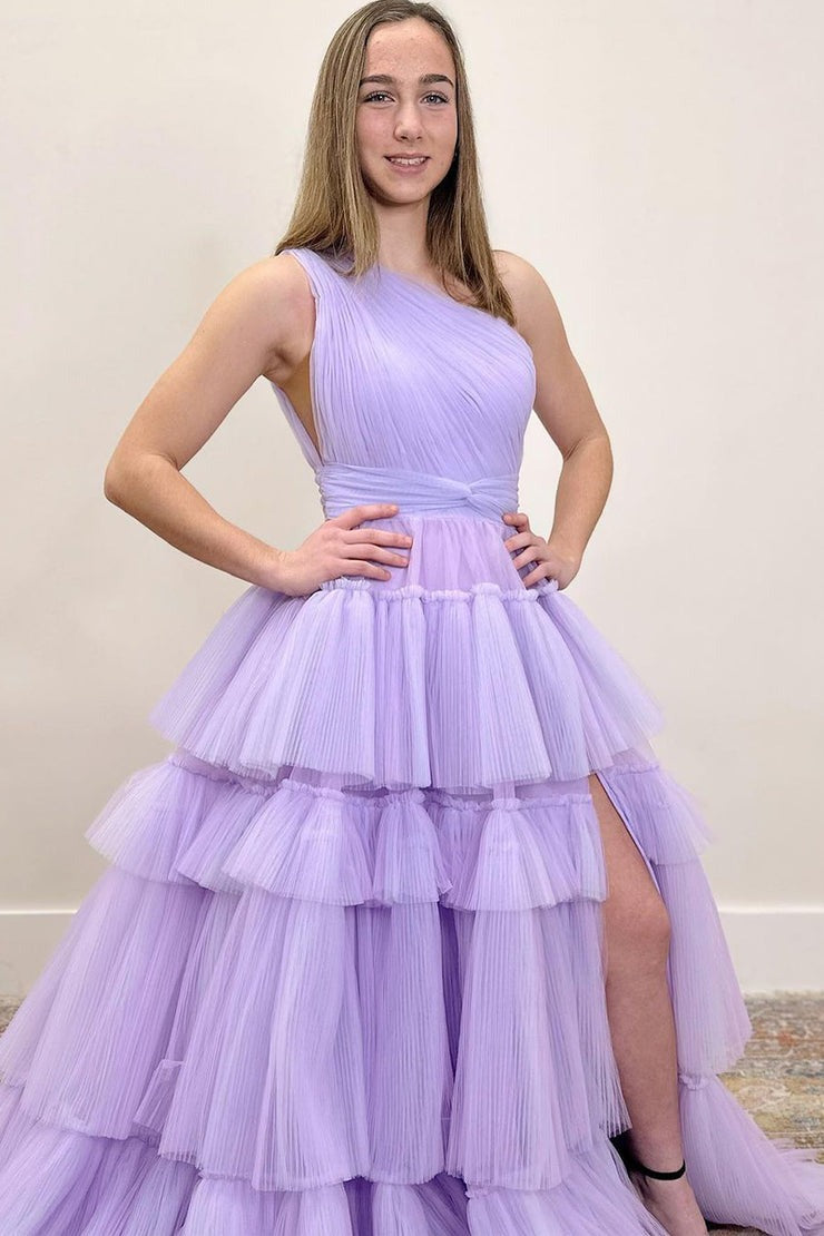 One Shoulder A-Line Tiered Tulle Long Prom Dress with Slit, PD25206