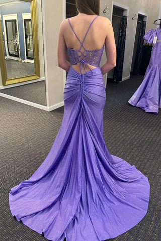 Long Lavender Beaded Mermaid Prom Dresses with V Neck, PD2404103