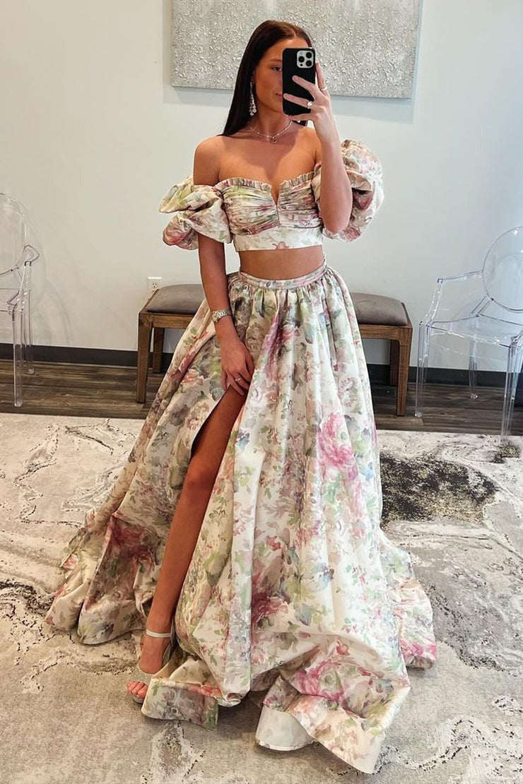 Elegant Off-Shoulder Two-Piece Floral Printed Long Prom Dresses with Slit | JLDressCA Elegant Off-Shoulder Two-Piece Floral Printed Long Prom Dresses with Slit | JLDressCA