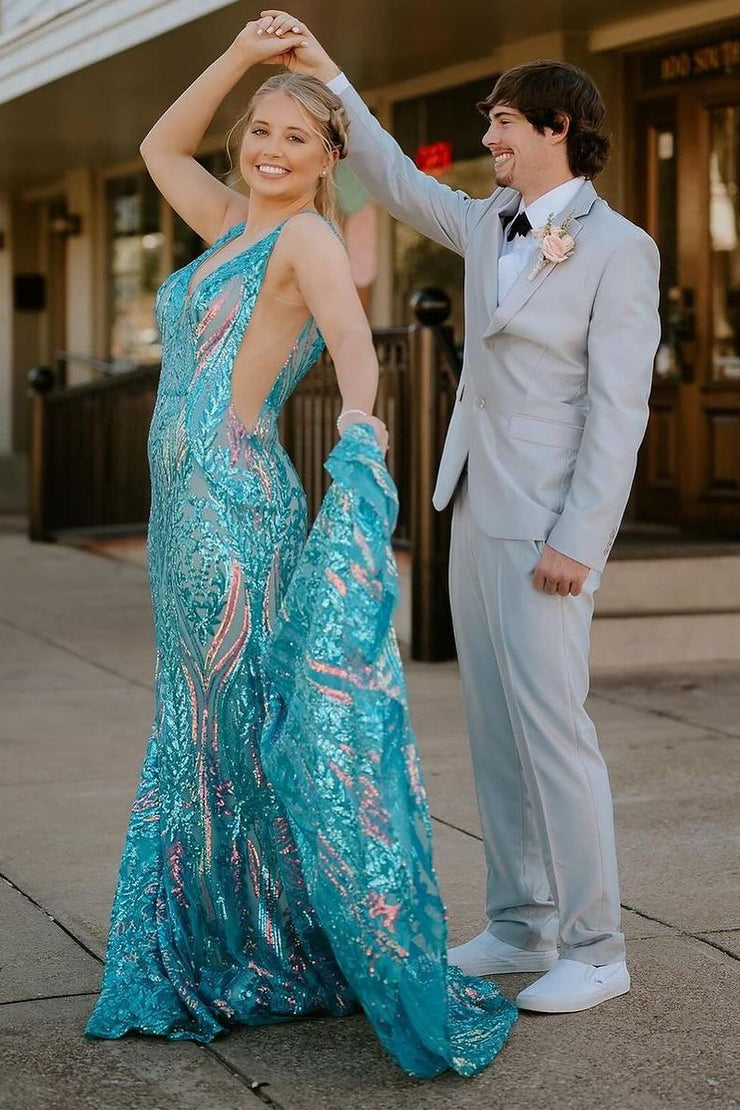 Blue Sequin Mermaid V Neck Long Prom Dress, PD25342