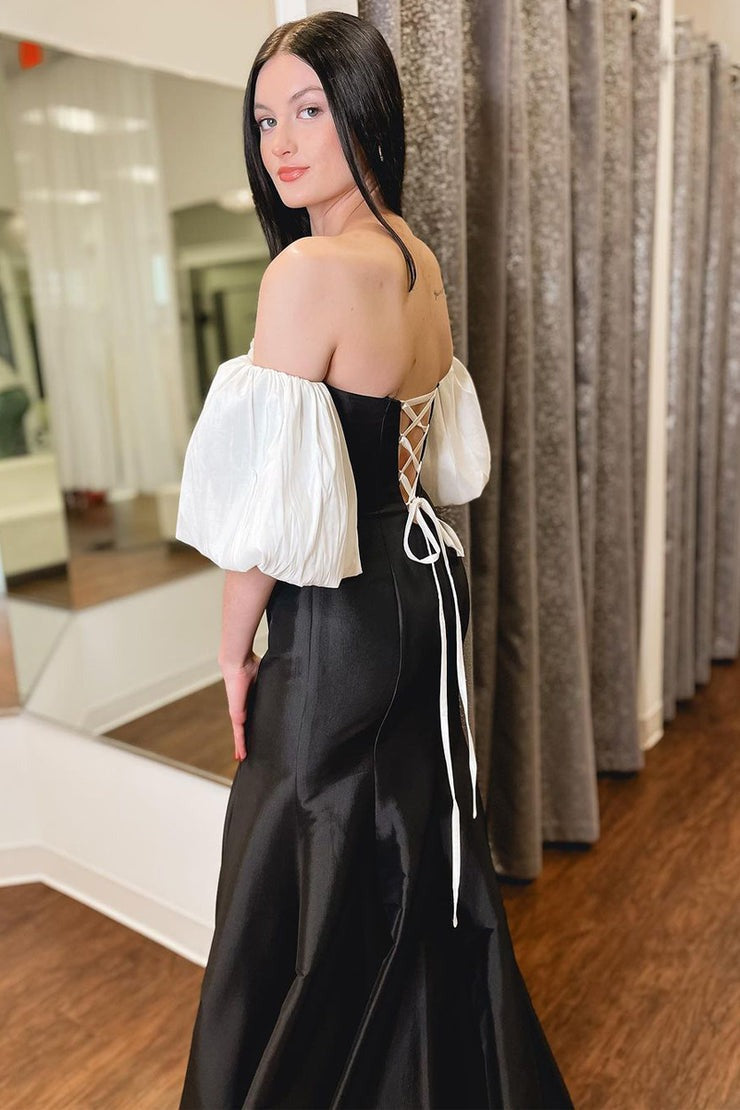 Strapless Two Piece Black and White Satin Long Prom Dresses with Sleeves, PD25195