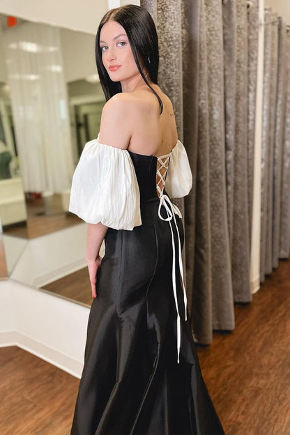 Strapless Two Piece Black and White Satin Long Prom Dresses with Sleeves, PD25195