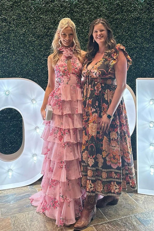 Floral Printed Chiffon A Line Halter Tiered Long Prom Dress, PD25249