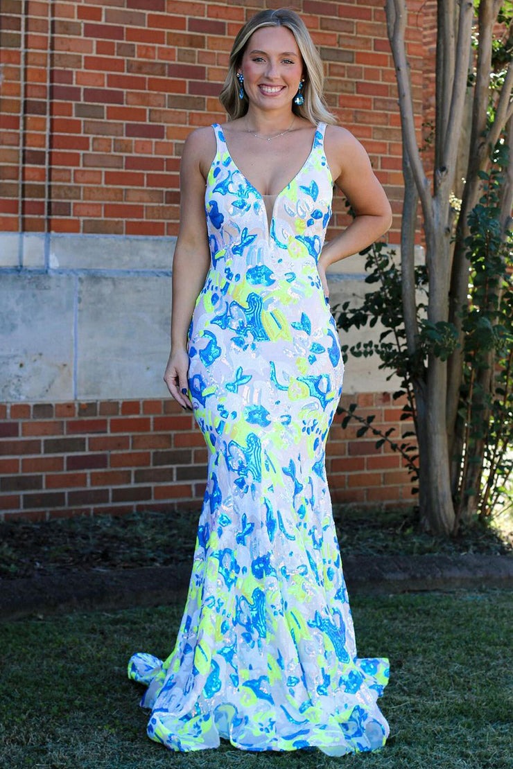 Long V Neck Sequins Lace Mermaid Prom Dresses, PD25007