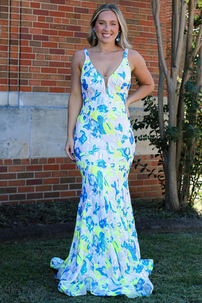 Long V Neck Sequins Lace Mermaid Prom Dresses, PD25007