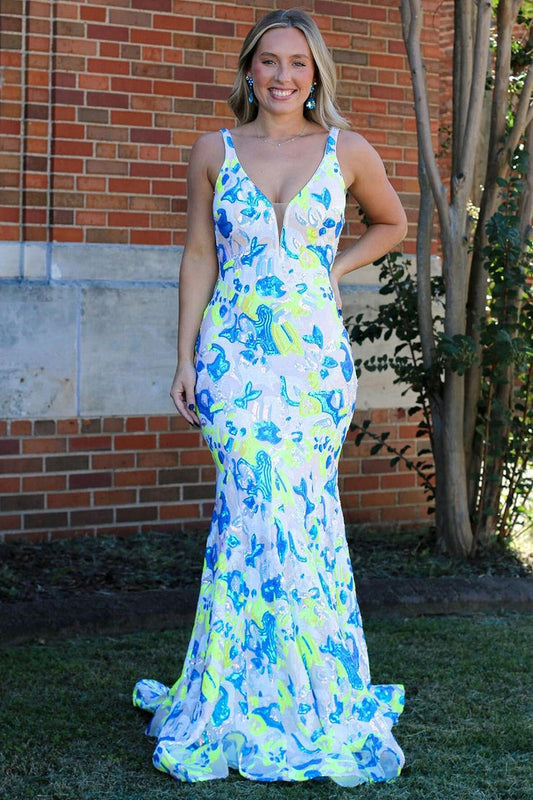 Long V Neck Sequins Lace Mermaid Prom Dresses, PD25007