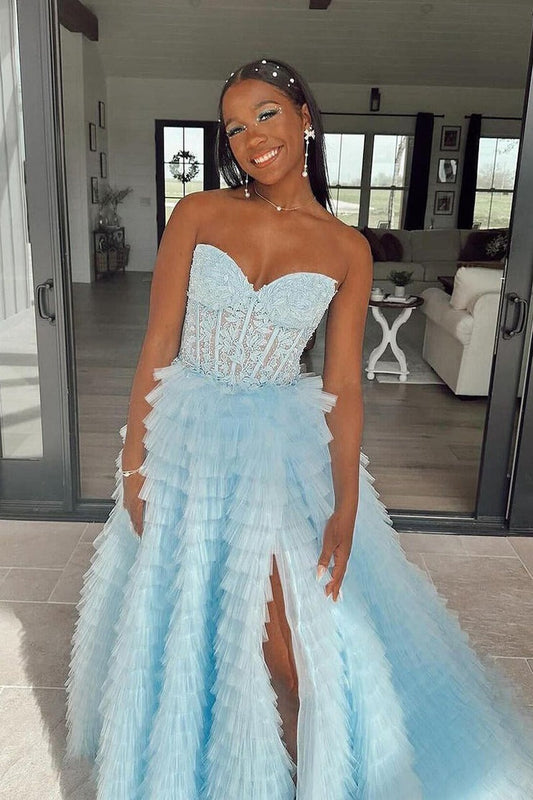Strapless A Line Ruffle Tiered Tulle Long Prom Dresses, PD25095