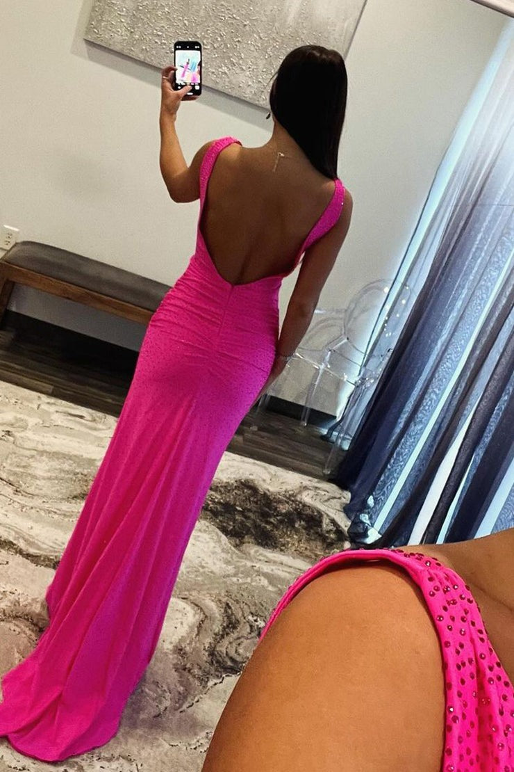 Fuchsia Satin Mermaid V Neck Long Prom Dress with Beads, PD25304