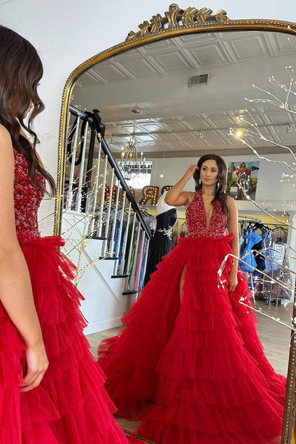 A-Line Princess Halter Ruffle Tiered Tulle Long Prom Dress with Slit, PD25205