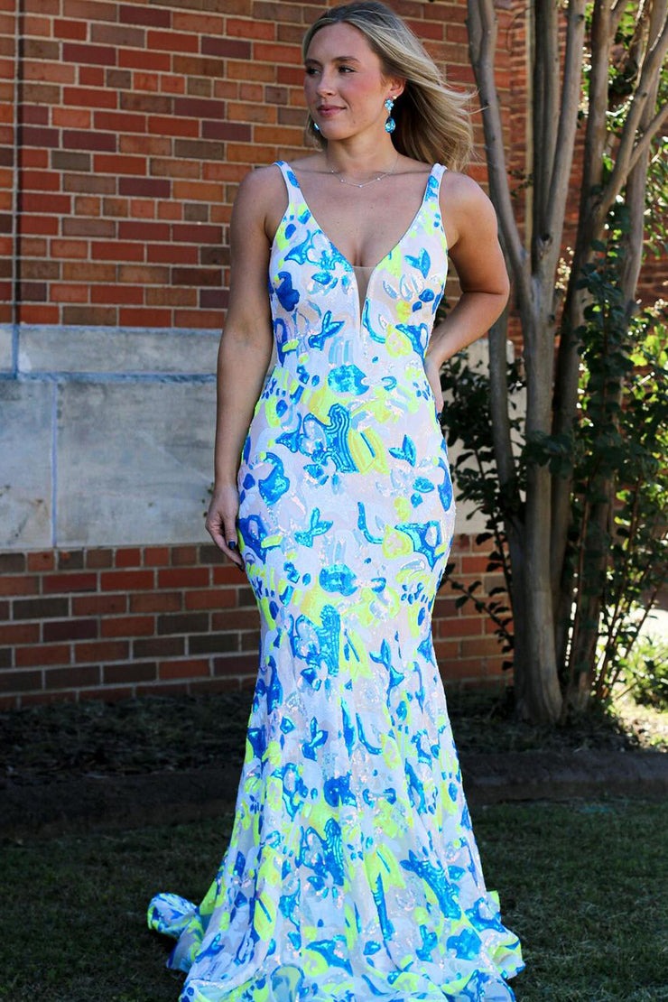 Long V Neck Sequins Lace Mermaid Prom Dresses, PD25007