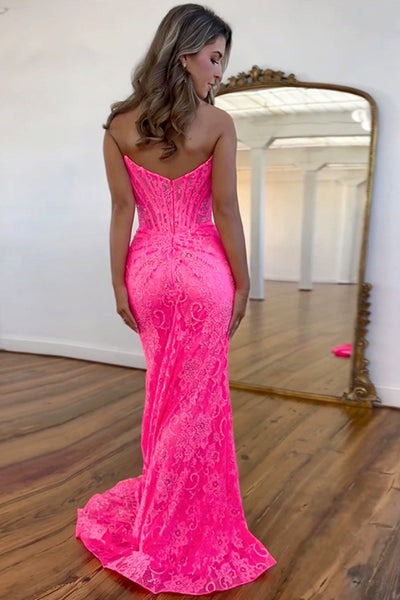 Strapless Mermaid Pink Lace Long Prom Dress with Slit, PD25099