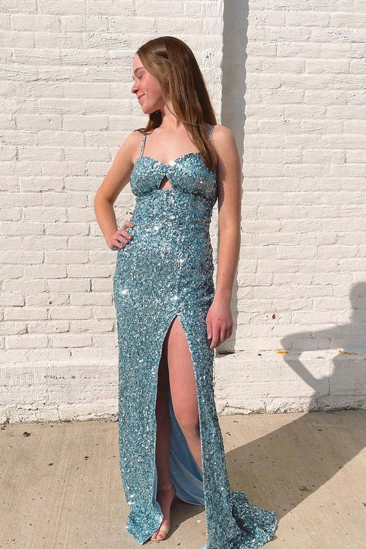 Blue Sequins Sweetheart Keyhole Mermaid Long Prom Dress with Slit, PD25237