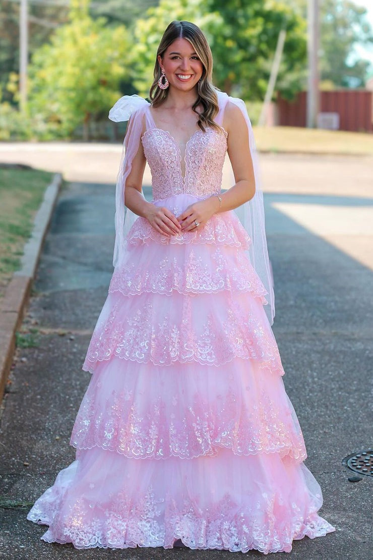 V Neck A Line Pink Tulle Prom Dresses with Appliques, PD25036