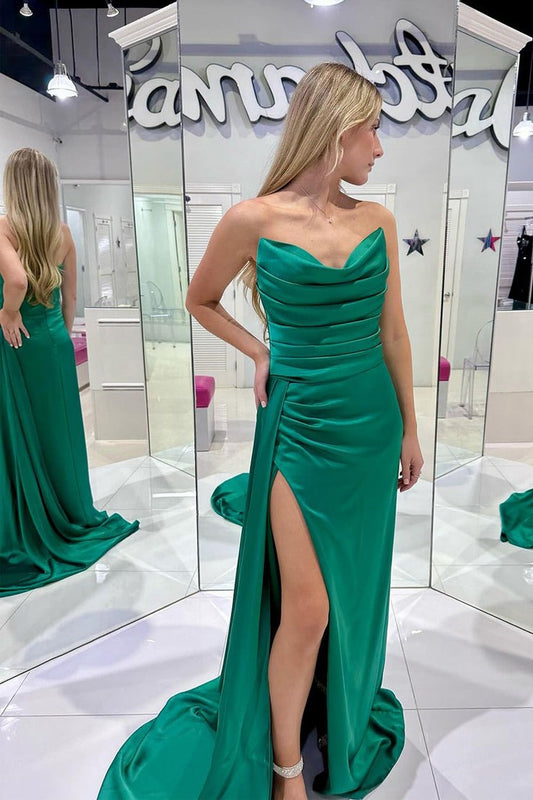 Mermaid Strapless Green Satin Long Prom Dress with Slit, PD25234
