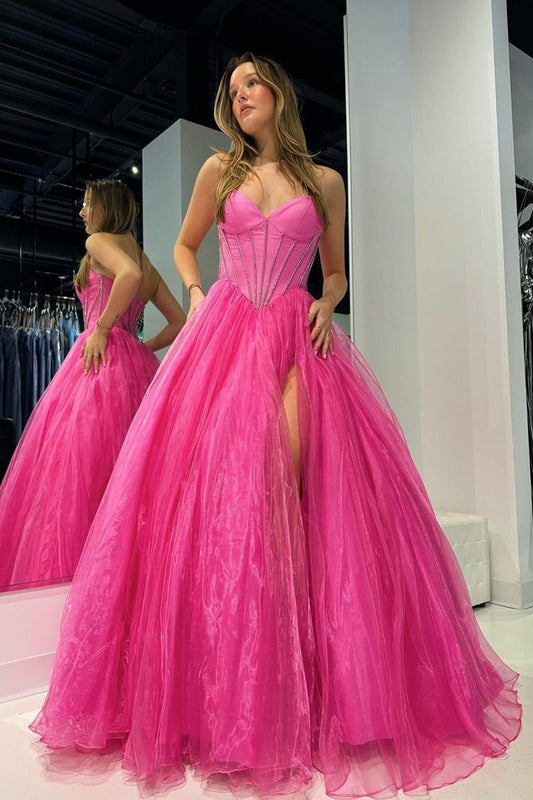 Strapless Pink Beaded Long Prom Dress with Slit, PD25175