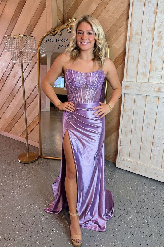 Strapless Mermaid Lilac Satin Prom Dresses with Beading and Slit, PD25035