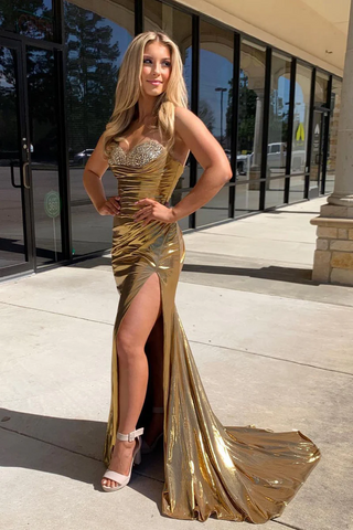 Gold Satin Sexy Mermaid Strapless Long Prom Dresses, PD2404241