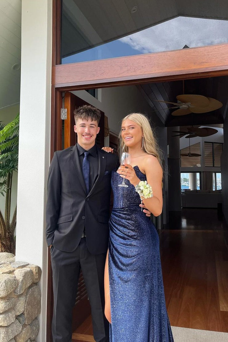 Strapless Mermaid Navy Glitter Velvet Prom Dresses with Slit, PD25004