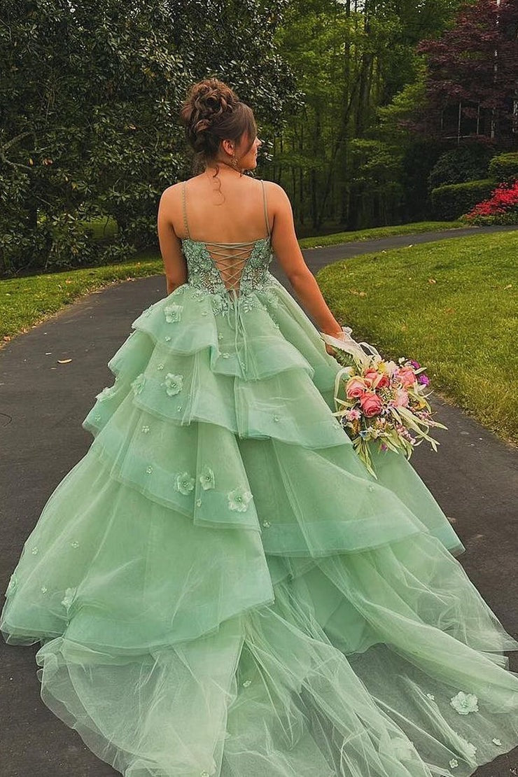 Sweetheart Ball Gown Sage Green Tulle Long Prom Dresses with Appliques, PD25049