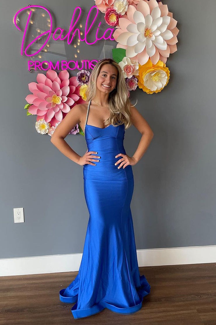 Halter Blue Mermaid Long Prom Dress with Beading, PD25174