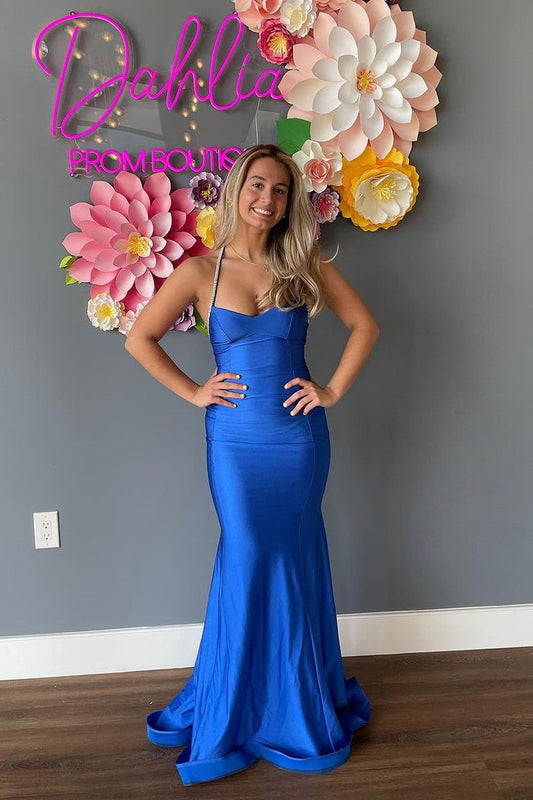 Halter Blue Mermaid Long Prom Dress with Beading, PD25174