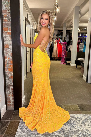 Yellow Strapless Sequin Prom Dress - Long Elegant Mermaid Evening Gown, PD2404075