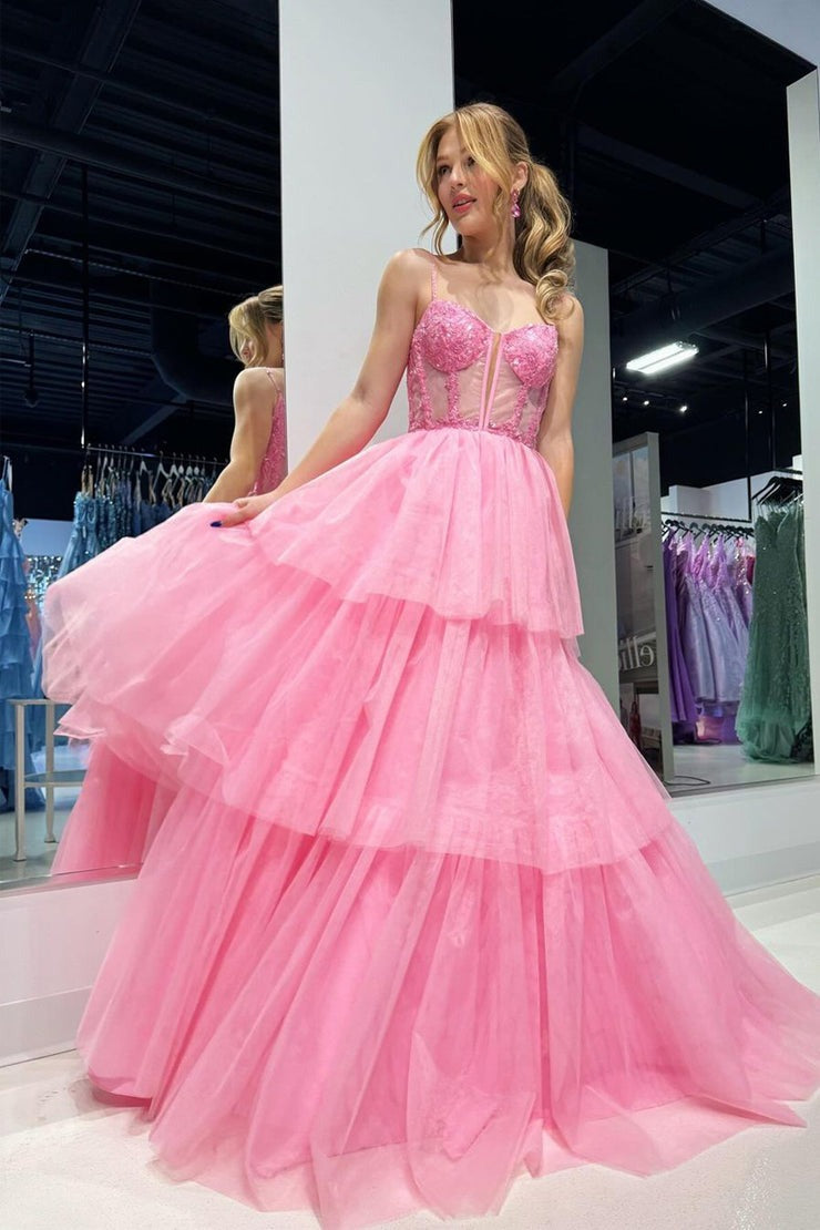 Sweetheart Pink Ruffle Tiered Tulle Prom Dress, PD25141