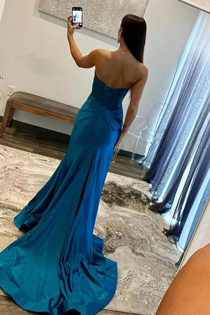 Sweetheart Blue Mermaid Long Corset Prom Dress with Slit, PD25173