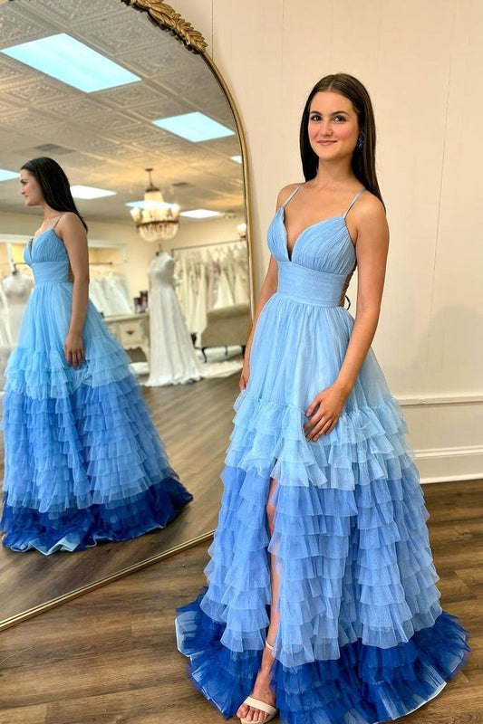 Blue Ruffle Tulle V Neck Long Prom Dress with Slit, PD25316