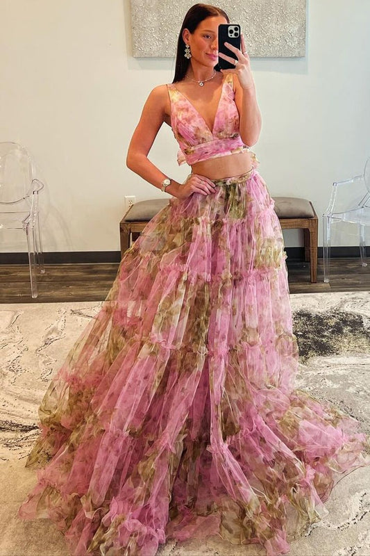 Pink Floral Printed Two Piece V Neck Long Prom Dress, PD25301