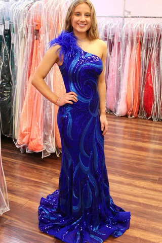 Mermaid One-Shoulder Long Royal Blue Sequin Prom Dress, PD2404153