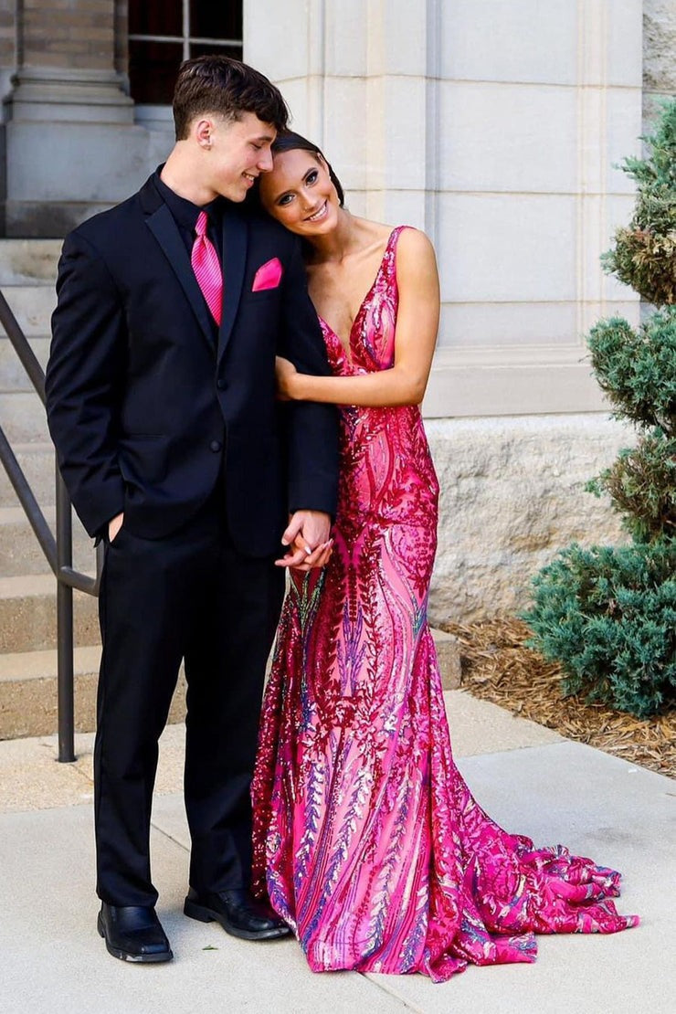 Fuchsia V Neck Sequins Lace Mermaid Long Prom Dress, PD25203