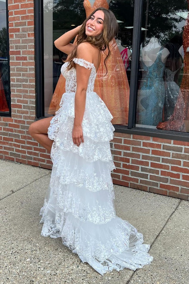 White Sequins Lace Off the Shoulder Ruffle Tiered Long Prom Dress with Slit, PD25223