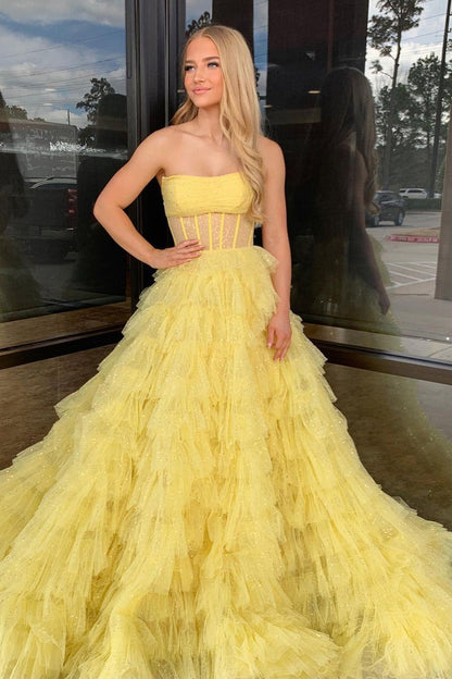 A-Line Yellow Strapless Ruffle Tiered Long Prom Dresses, PD25327