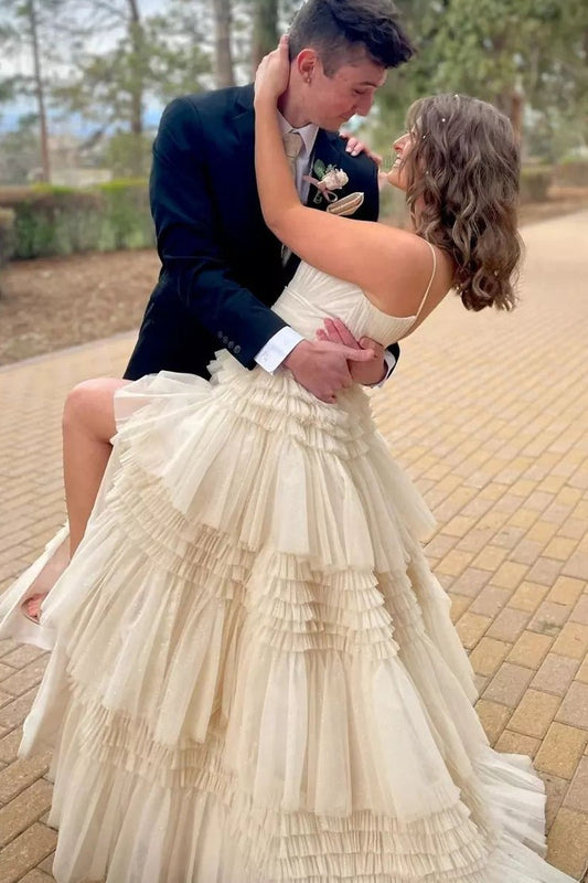 Scoop Neck Ball Gown Champagne Tiered Tulle Long Prom Dress with Slit, PD25108